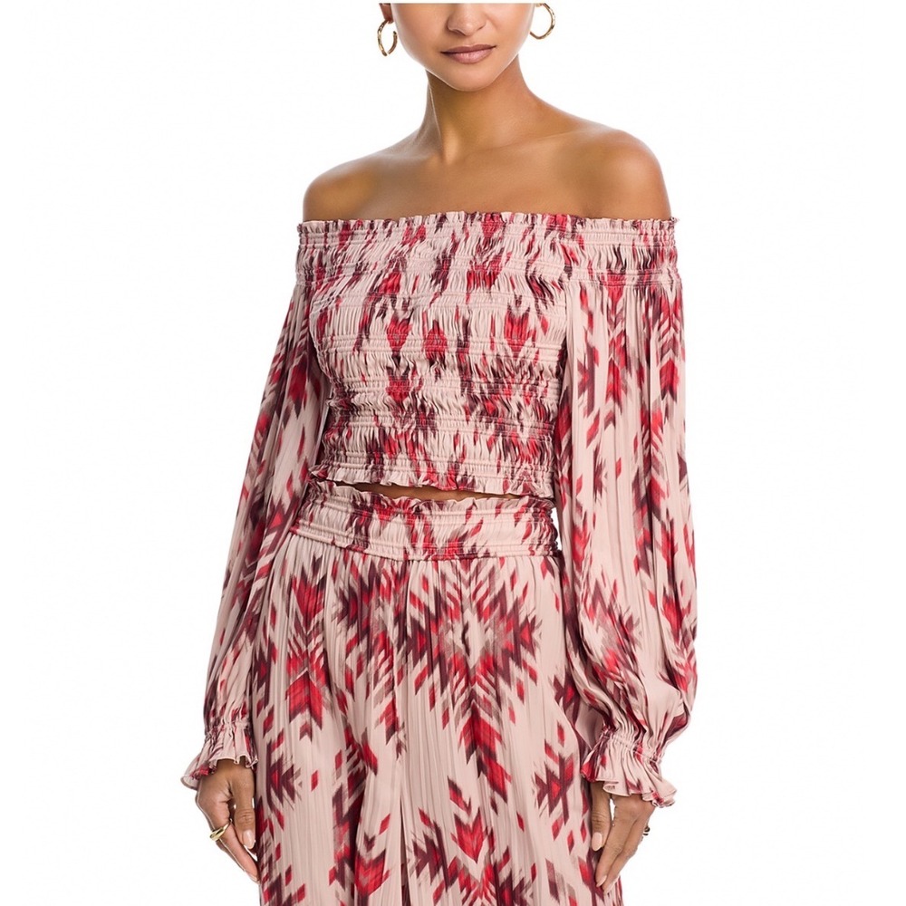 L'AGENCE Graciela Printed Off The Shoulder Smocked Top Tan Multi Ganado XS NEW